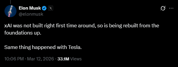 Элон Маск: xAI не была построена правильно с первого раза, идёт полная перестройка