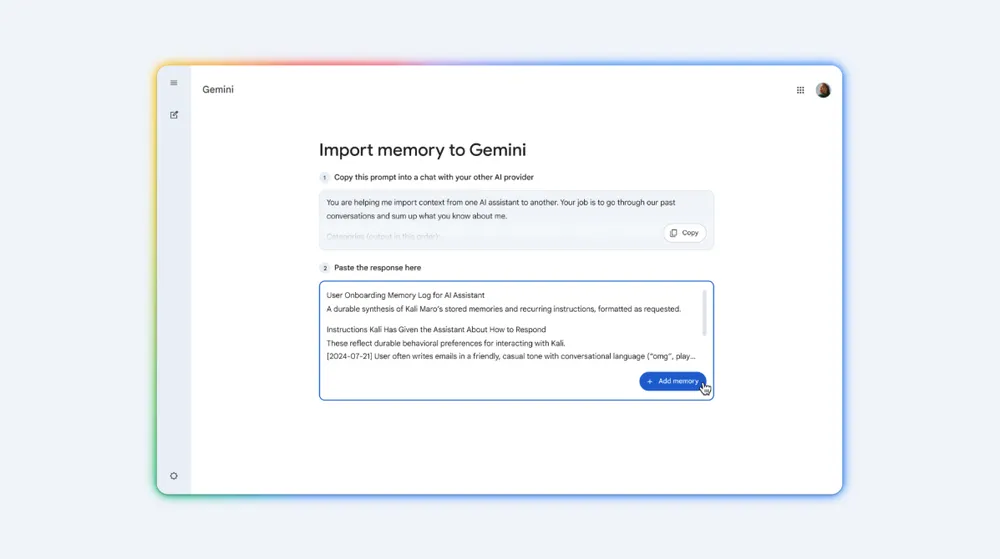 Google запустил память Gemini в Европе и предлагает импорт из ChatGPT