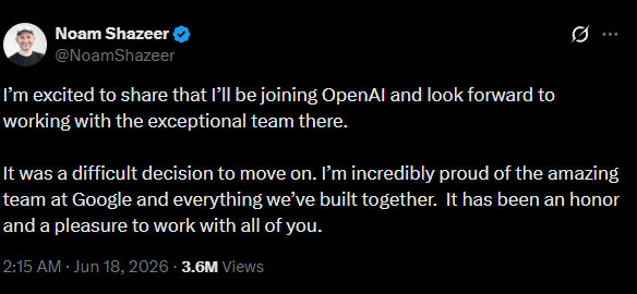 Соавтор легендарной статьи про трансформеры уходит из Google в OpenAI